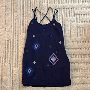 Navy Blue Sleeveless Dress with Geometric Patterns